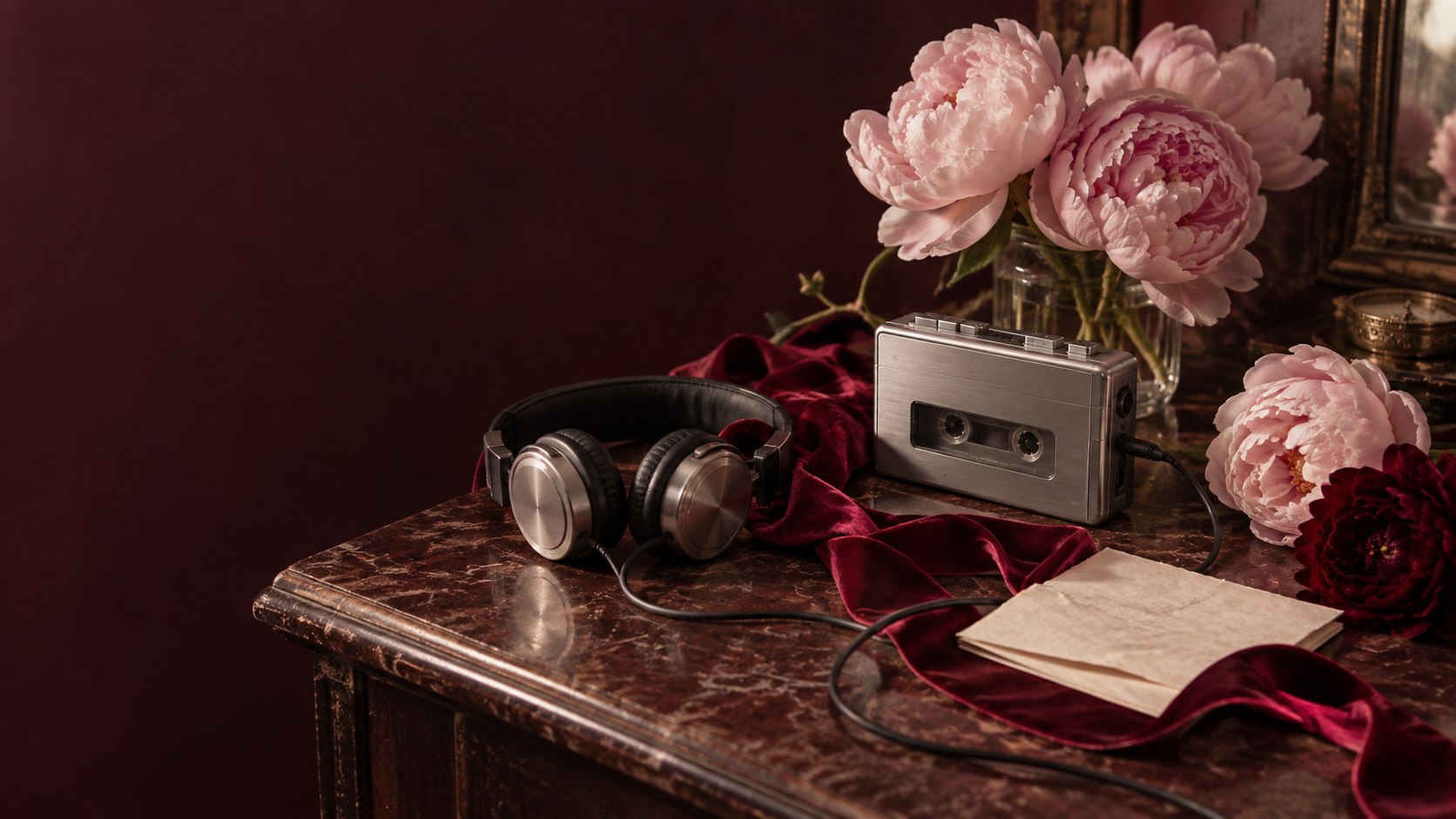 Pink peonies, a velvet ribbon, headphones, and a silver cassette player