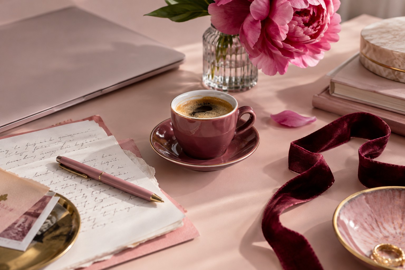 A rose-colored coffee break beside a laptop, notes, and a pink peony